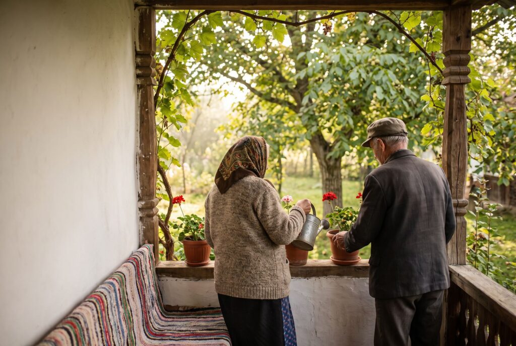 Doi seniori, văzuți din spate, îngrijesc împreună mușcatele de pe o verandă, într-o dimineață liniștită