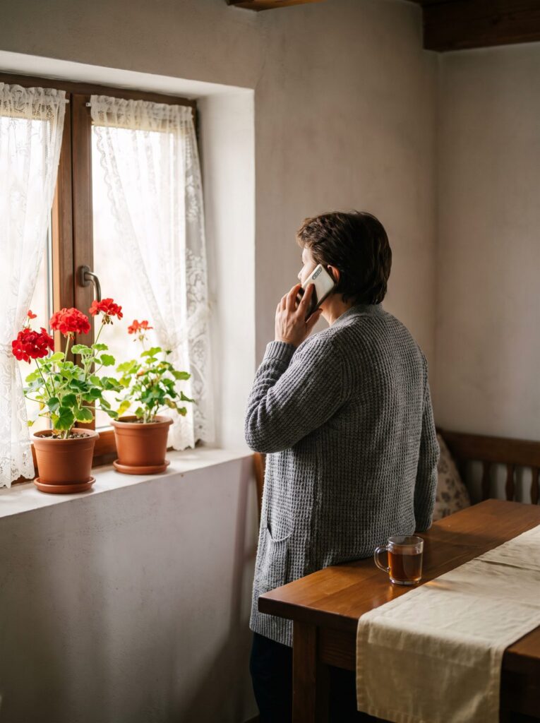 O femeie vorbește la telefon lângă o fereastră cu mușcate, văzută din spate, într-o cameră luminoasă