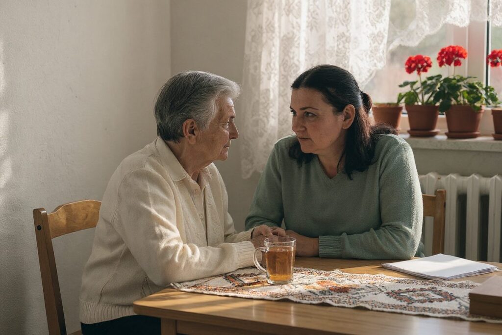 Fiică și mama ei vârstnică stând de vorbă la masa din bucătărie, ținându-se de mână