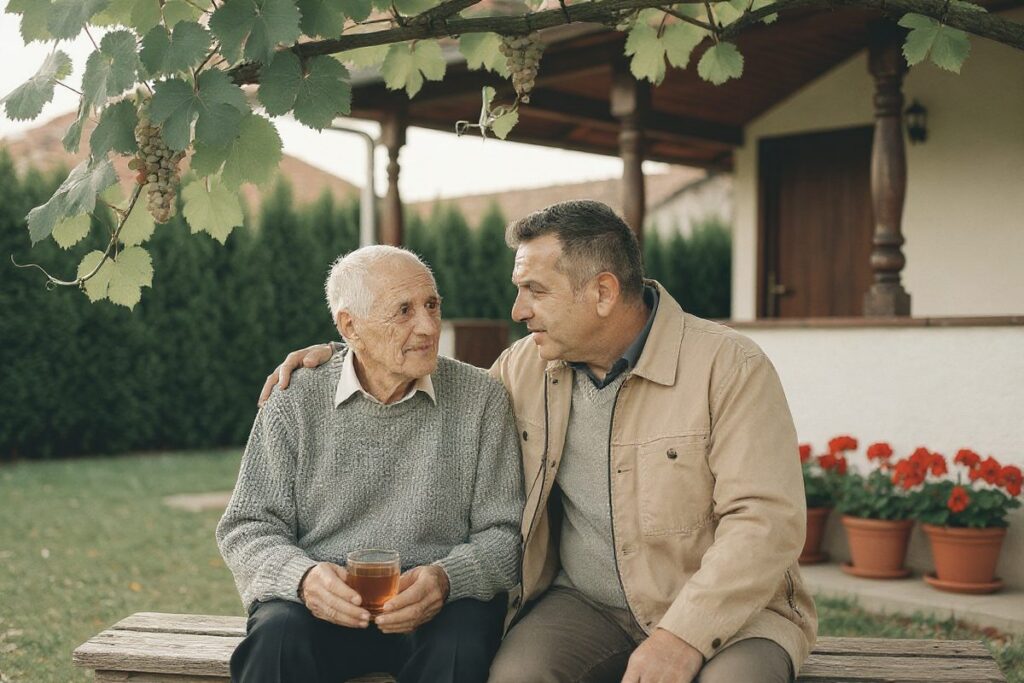 Fiu în vizită la tatăl vârstnic, pe o bancă sub o pergolă cu viță, în curtea unei case cu verandă