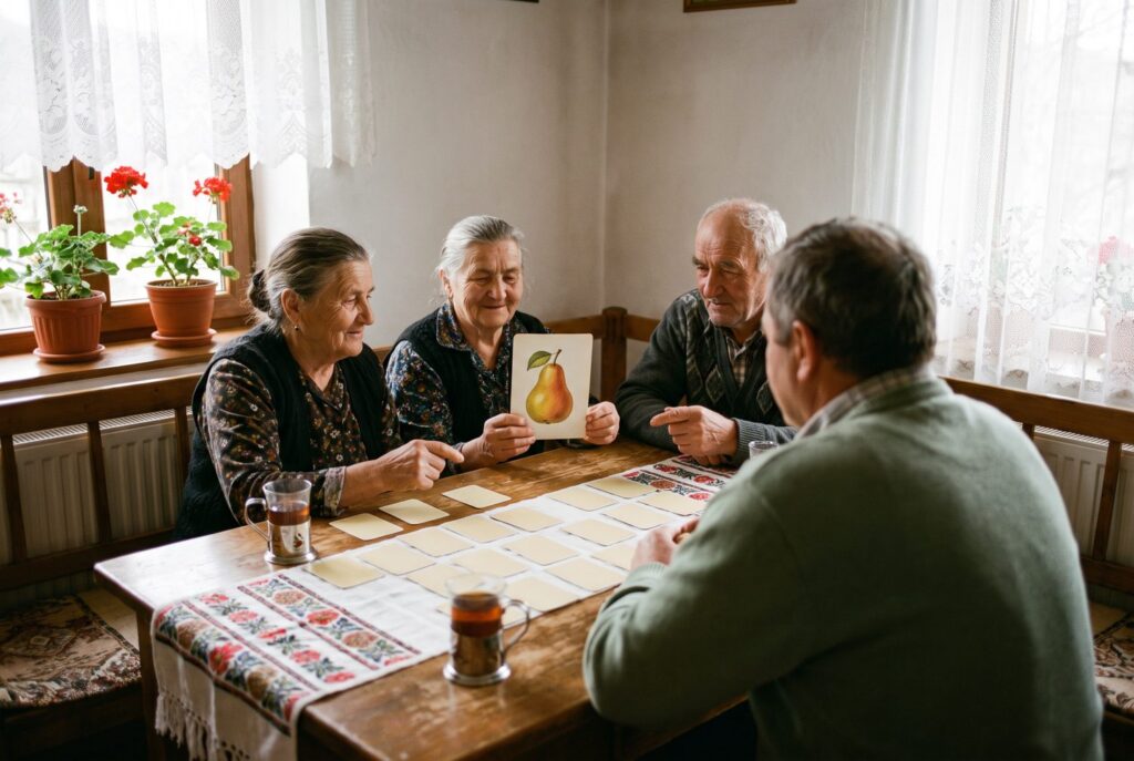 Trei seniori la o masă cu ștergar brodat jucând un joc de memorie cu cartonașe ilustrate, alături de un îndrumător văzut din spate