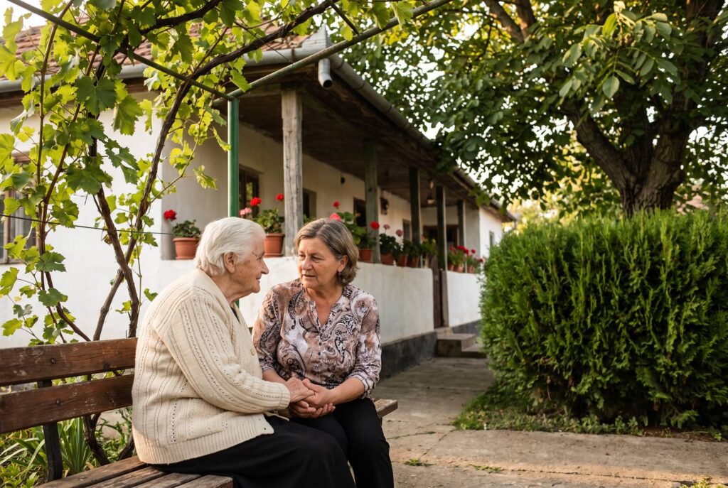 Fiică de vârstă mijlocie stând de vorbă cu mama ei în vârstă pe o bancă, sub o boltă de viță de vie, în grădina unei case cu mușcate