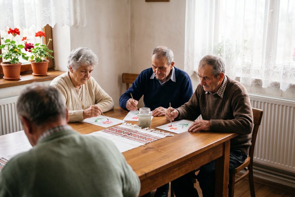 Trei seniori pictând flori în acuarelă la o masă cu ștergar, alături de un îndrumător văzut din spate