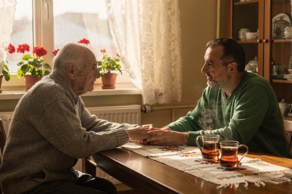 Senior în vârstă stând de vorbă cu fiul lui la masa din sufrageria unui apartament, cu mușcate la fereastră și ceai pe ștergar