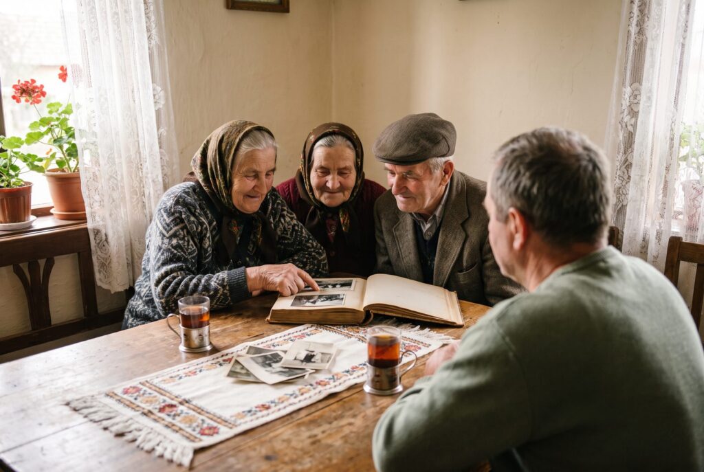 Trei seniori privesc împreună fotografii vechi dintr-un album, la o activitate de reminiscență