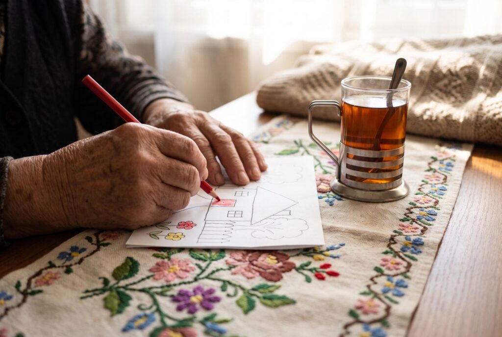 Mâini vârstnice care colorează un desen cu un creion roșu, lângă un pahar cu ceai