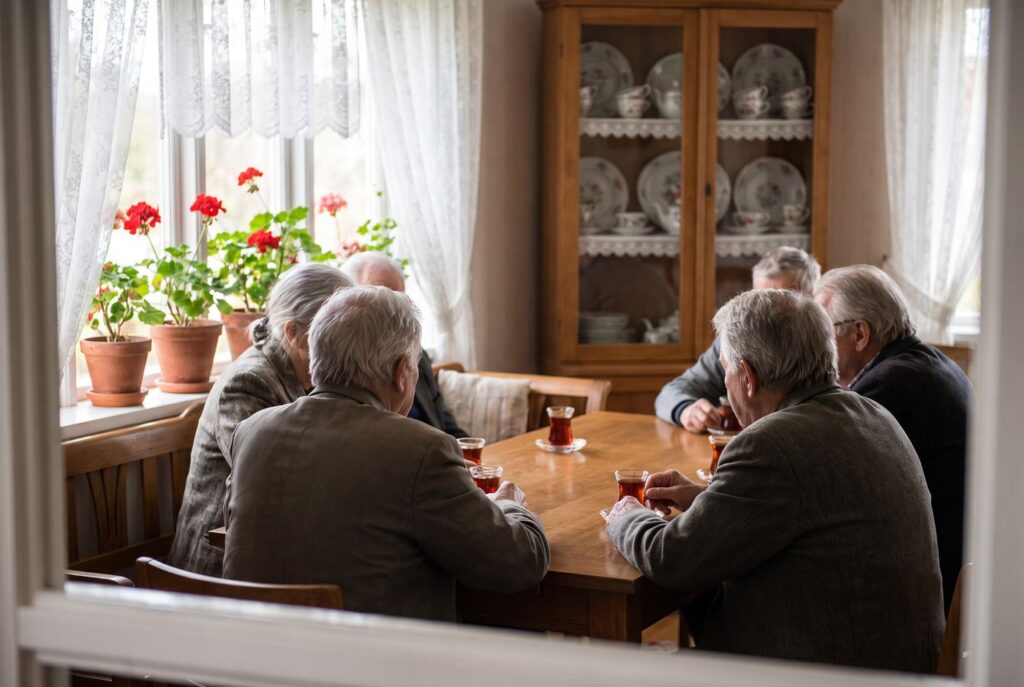 Mai mulți seniori așezați în jurul unei mese, văzuți din spate, în timpul unei discuții liniștite, cu pahare de ceai