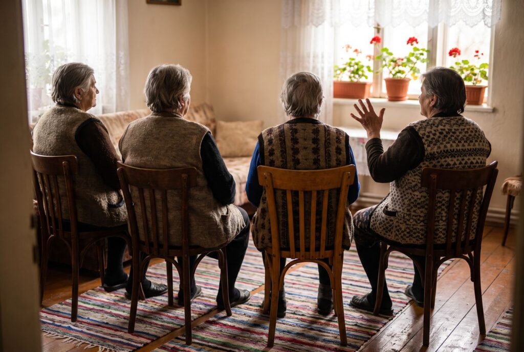 Un grup de seniori văzuți din spate, așezați pe scaune într-o cameră caldă, ascultând muzică