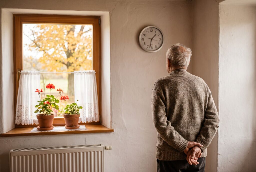 Un senior văzut din spate, privind un ceas de perete într-o încăpere luminoasă, cu un copac de toamnă la fereastră
