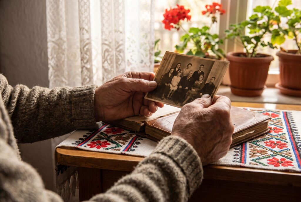 Mâini vârstnice ținând o fotografie veche, alb-negru, deasupra unui album, lângă o fereastră cu perdea de dantelă