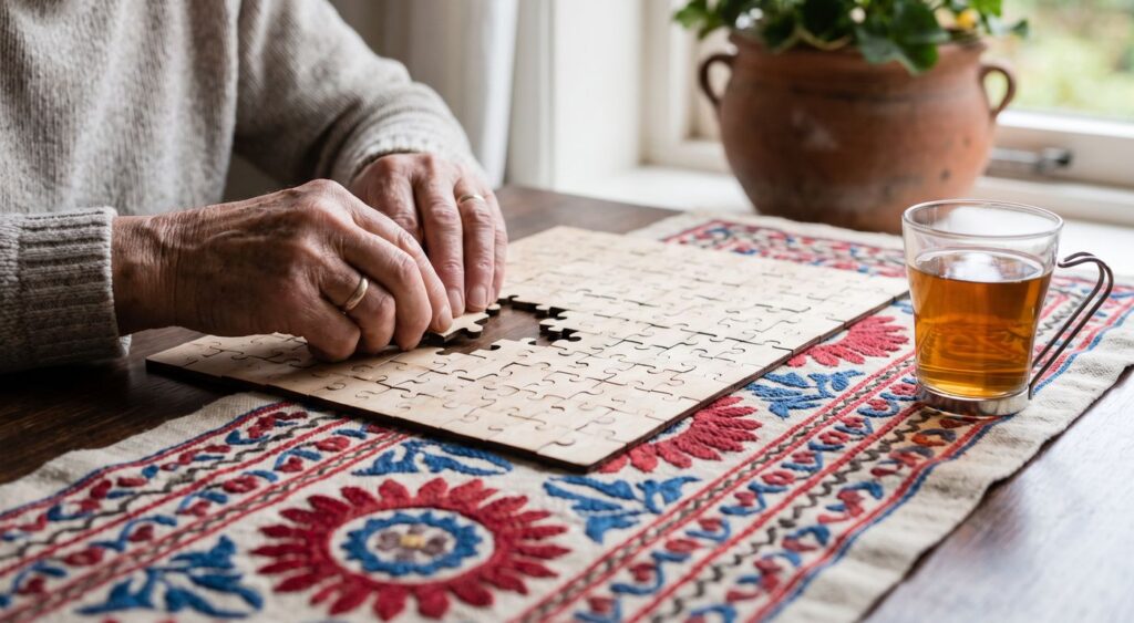 Mâini vârstnice care potrivesc piesele unui puzzle de lemn pe o masă cu ștergar brodat